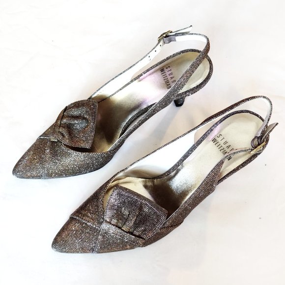 Stunning Stuart Weitzman Shimmery Pewter Silver Metallic Slingback Heels 5 6 EUC - Picture 3 of 12
